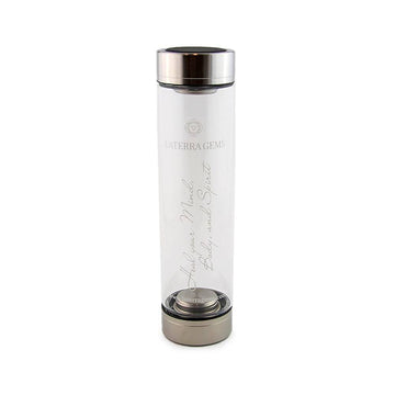 Laterra Gemstone Water Bottle front view showing logo and clear glass body on white background.